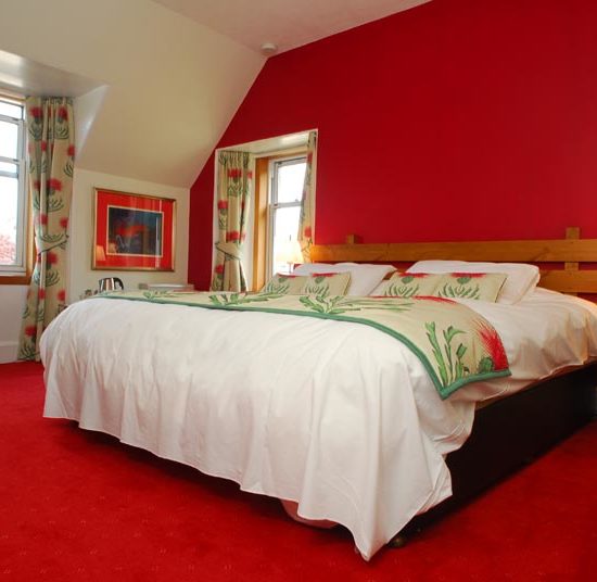Doppelzimmer mit Holzmöbeln, rotem Teppichboden und roter Wand.
