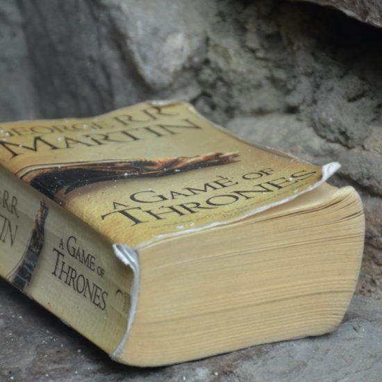 Ein dickes, zerlesenes Paperback Buch von A Game of Thrones liegt auf Steinen.