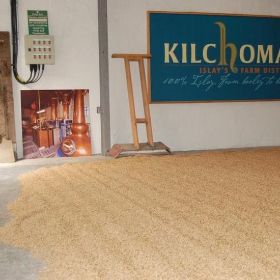 Halle mit ausgebreiteter Gerste, Rechen und blauem Firmenschild der Kilchoman Distillery.