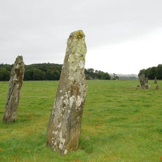 Mehrere hohe Steine, sogenannte Standing Stones, ragen aus einer Wiese auf.