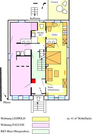 Grundriss von Wohnung Leopold mit skizziertem Mobiliar.