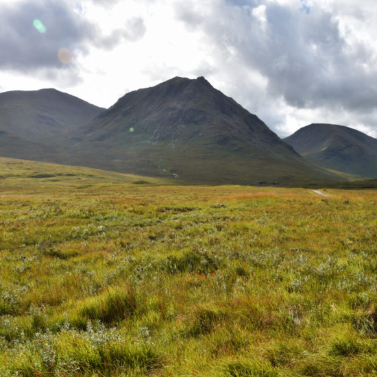 Eine grasbewachsene grüne Ebene geht in die markanten baumlosen Berge der schottischen Highlands über.