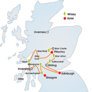 Karte von Schottland mit Route einer Whiskyreise.